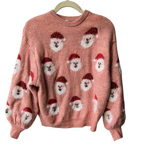Women's Festive Holiday Santa Claus Pink Cozy Fuzzy Ugly Christmas Sweater, S